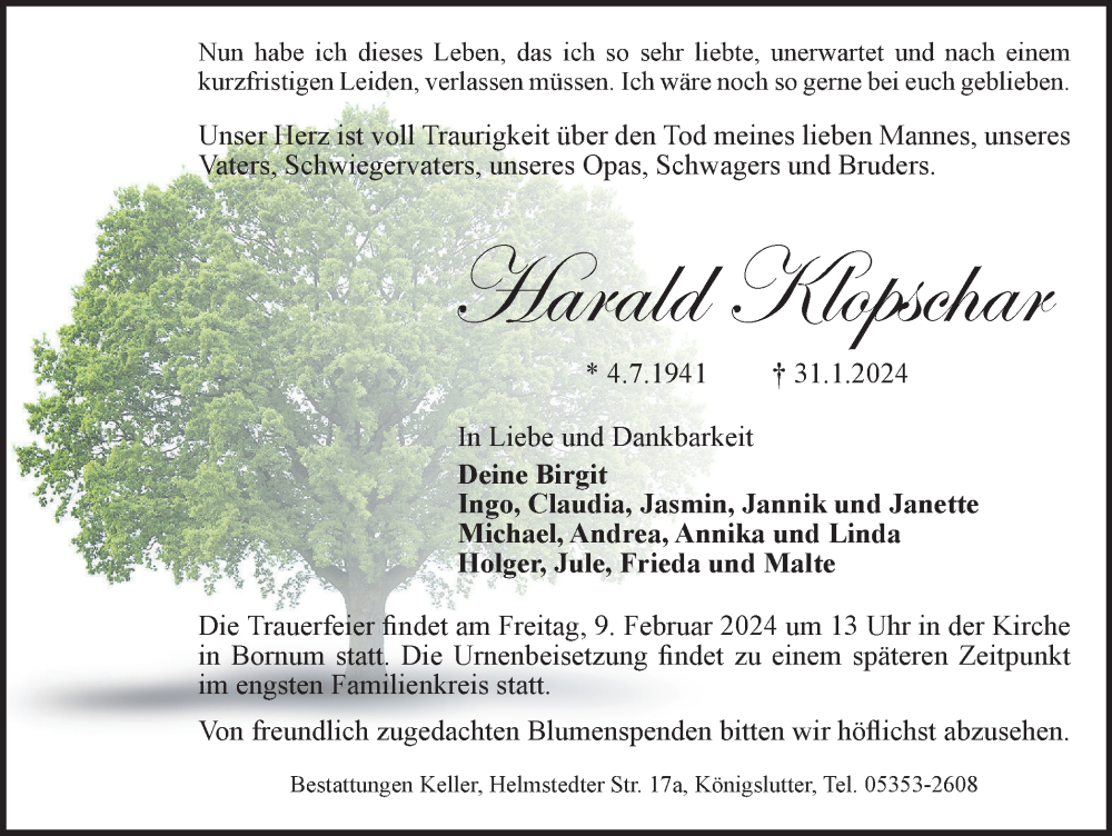  Traueranzeige für Harald Klopschar vom 03.02.2024 aus Helmstedter Nachrichten