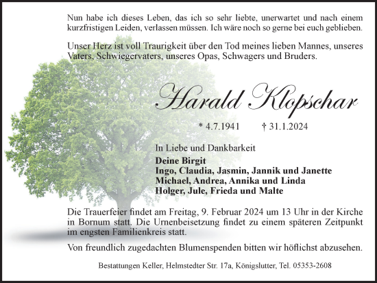 Traueranzeige von Harald Klopschar von Helmstedter Nachrichten