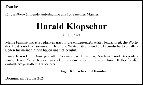 Traueranzeige von Harald Klopschar von Helmstedter Nachrichten