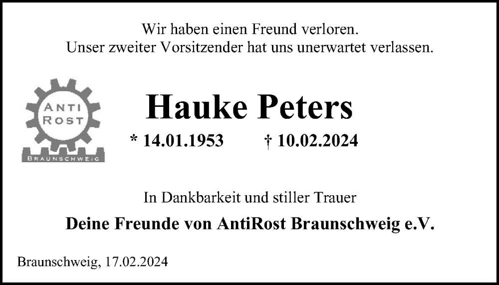  Traueranzeige für Hauke Peters vom 17.02.2024 aus Braunschweiger Zeitung