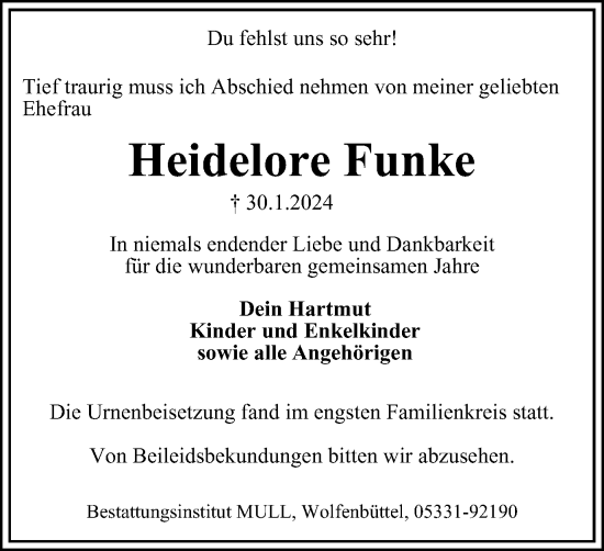 Traueranzeige von Heidelore Funke von Wolfenbütteler Zeitung