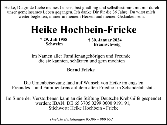Traueranzeige von Heike Hochbein-Fricke von Braunschweiger Zeitung