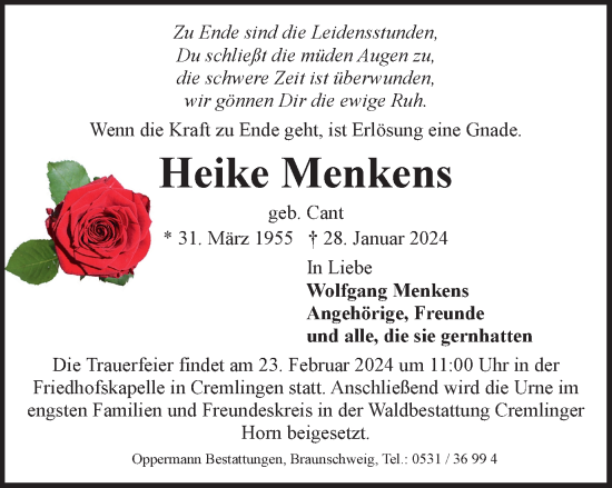 Traueranzeige von Heike Menkens von Wolfenbütteler Zeitung