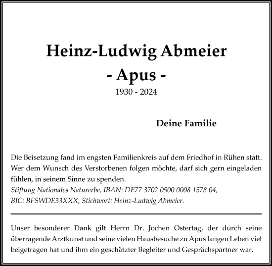 Traueranzeige von Heinz-Ludwig Abmeier von Wolfsburger Nachrichten
