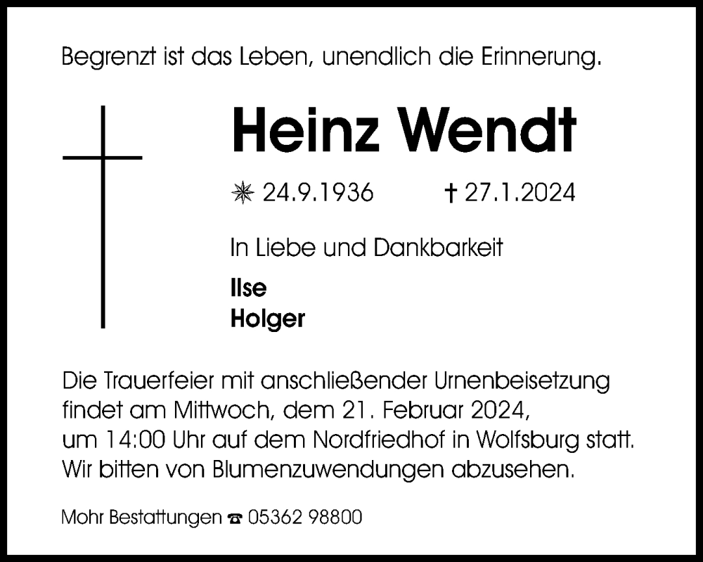  Traueranzeige für Heinz Wendt vom 10.02.2024 aus Wolfsburger Nachrichten