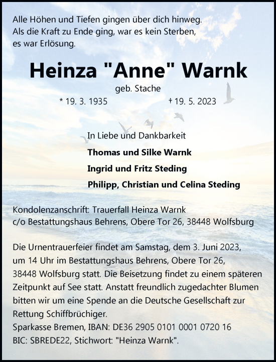 Traueranzeige von Heinza Warnk von Wolfsburger Nachrichten