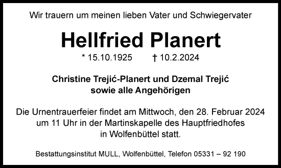 Traueranzeige von Hellfried Planert von Wolfenbütteler Zeitung