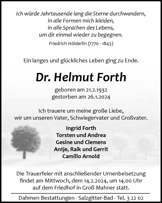 Traueranzeige von Helmut Forth von Salzgitter-Zeitung