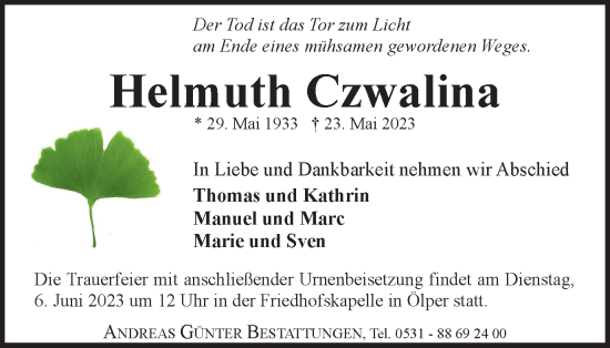 Traueranzeige von Helmuth Czwalina von Braunschweiger Zeitung