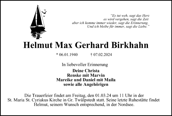 Traueranzeige von Helmut Max Gerhard Birkhahn von Wolfsburger Nachrichten