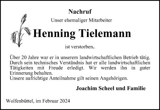 Traueranzeige von Henning Tielemann von Wolfenbütteler Zeitung