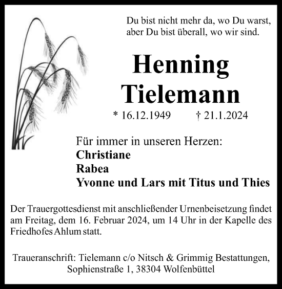 Traueranzeige von Henning Tielemann von Wolfenbütteler Zeitung