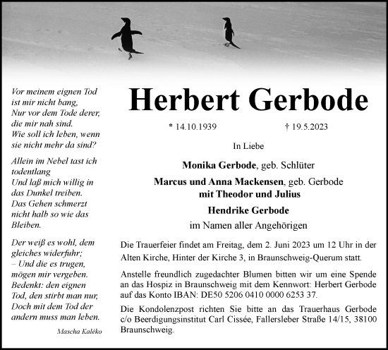 Traueranzeige von Herbert Gerbode von Braunschweiger Zeitung