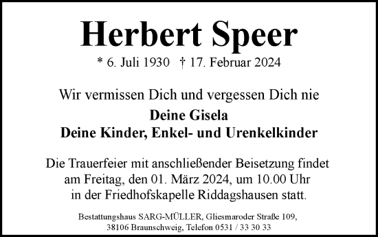 Traueranzeige von Herbert Speer von Braunschweiger Zeitung