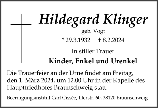 Traueranzeige von Hildegard Klinger von Braunschweiger Zeitung