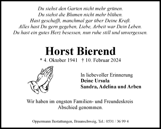 Traueranzeige von Horst Bierend von Braunschweiger Zeitung