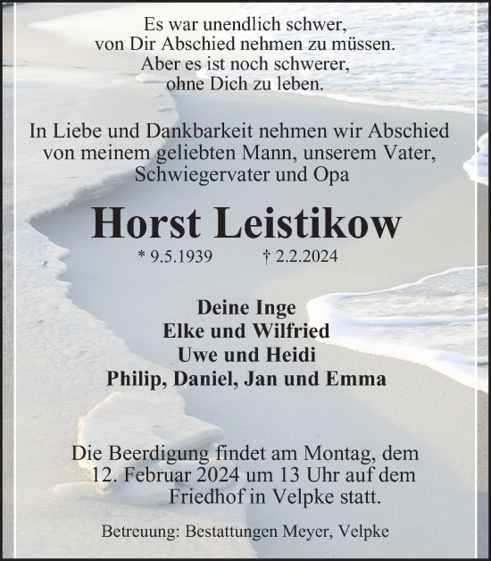 Traueranzeige von Horst Leistikow von Wolfsburger Nachrichten