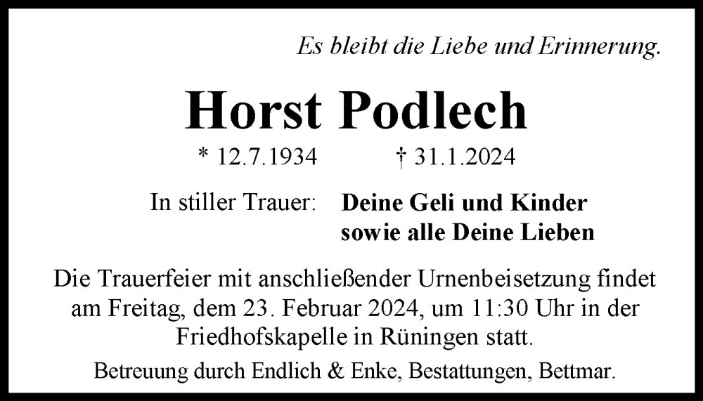  Traueranzeige für Horst Podlech vom 10.02.2024 aus Braunschweiger Zeitung