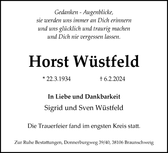 Traueranzeige von Horst Wüstfeld von Braunschweiger Zeitung