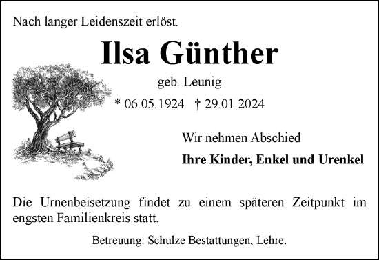 Traueranzeige von Ilsa Günther von Helmstedter Nachrichten