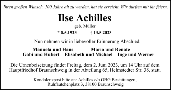Traueranzeige von Ilse Achilles von Braunschweiger Zeitung