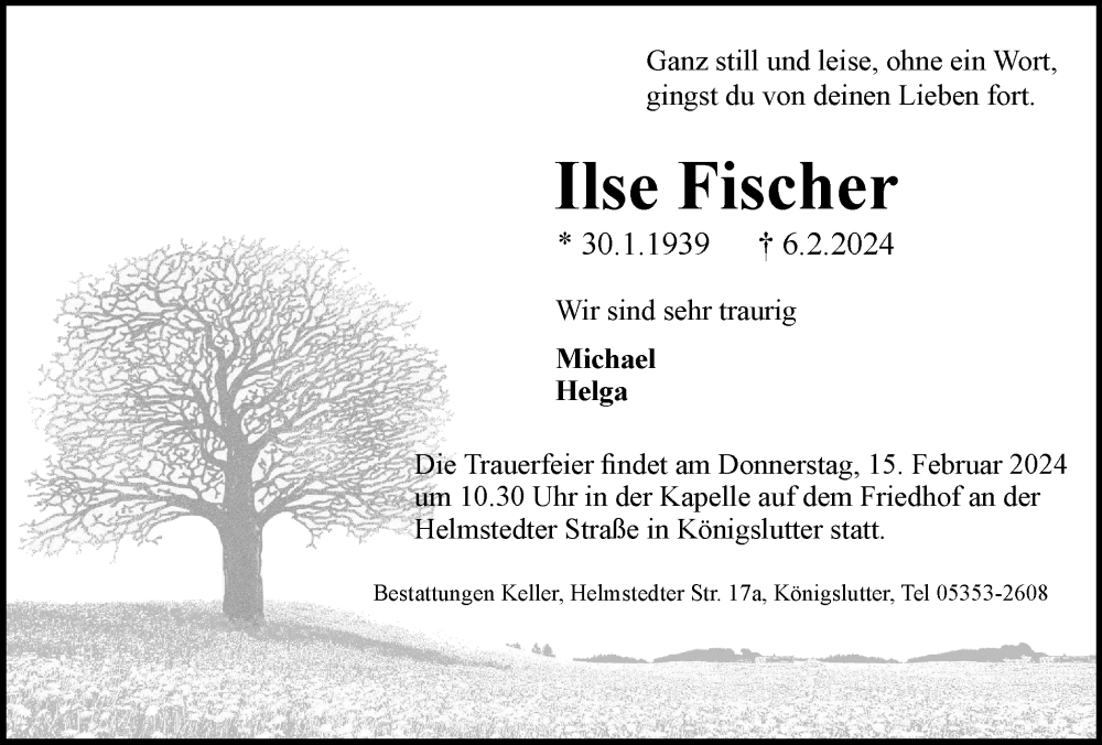  Traueranzeige für Ilse Fischer vom 10.02.2024 aus Helmstedter Nachrichten