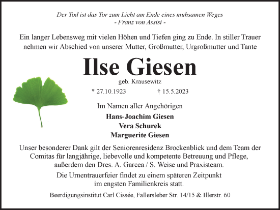 Traueranzeige von Ilse Giesen von Braunschweiger Zeitung