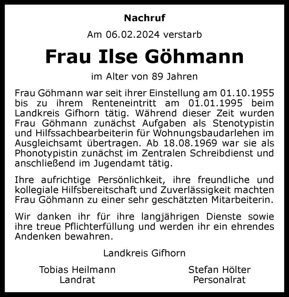  Traueranzeige für Ilse Göhmann vom 28.02.2024 aus Wolfsburger Nachrichten