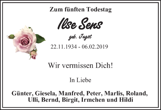 Traueranzeige von Ilse Sens von Braunschweiger Zeitung