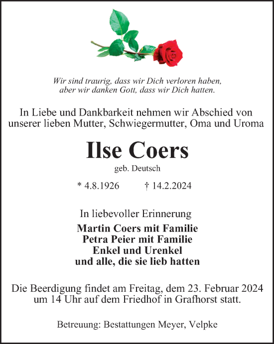 Traueranzeige von Ilse Coers Deutsch von Helmstedter Nachrichten