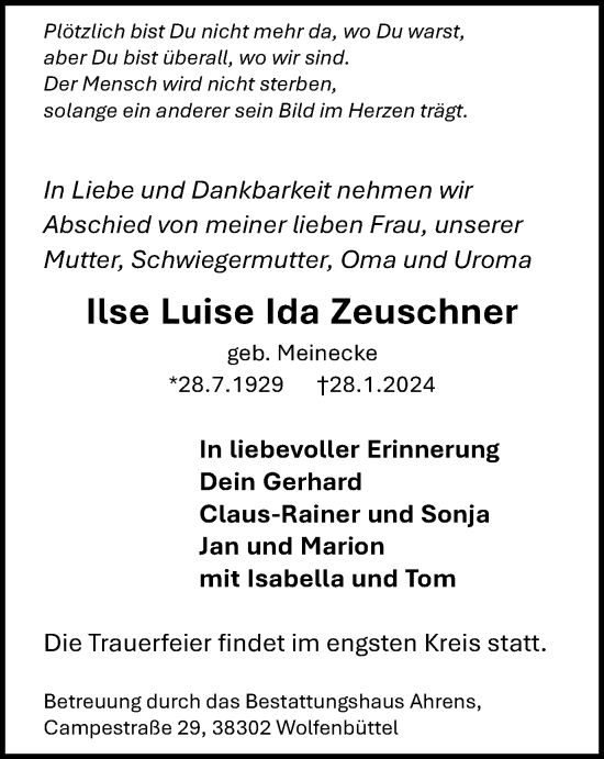 Traueranzeige von Ilse Luise Ida Zeuschner von Wolfenbütteler Zeitung