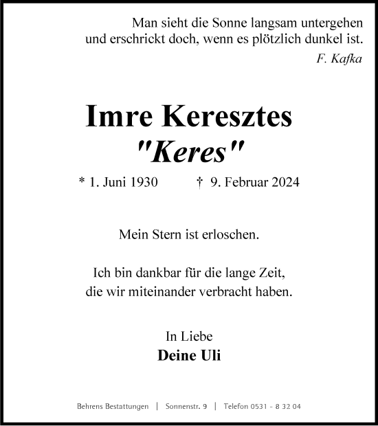 Traueranzeige von Imre Keresztes von Braunschweiger Zeitung