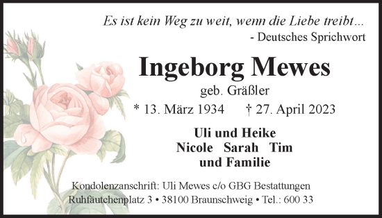 Traueranzeige von Ingeborg Mewes von Braunschweiger Zeitung