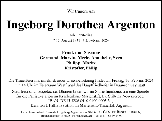 Traueranzeige von Ingeborg Dorothea Argenton von Braunschweiger Zeitung