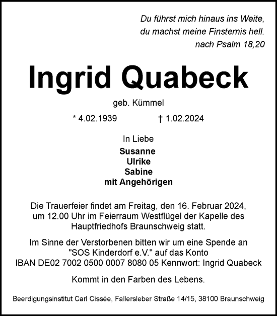 Traueranzeige von Ingrid Quabeck von Braunschweiger Zeitung