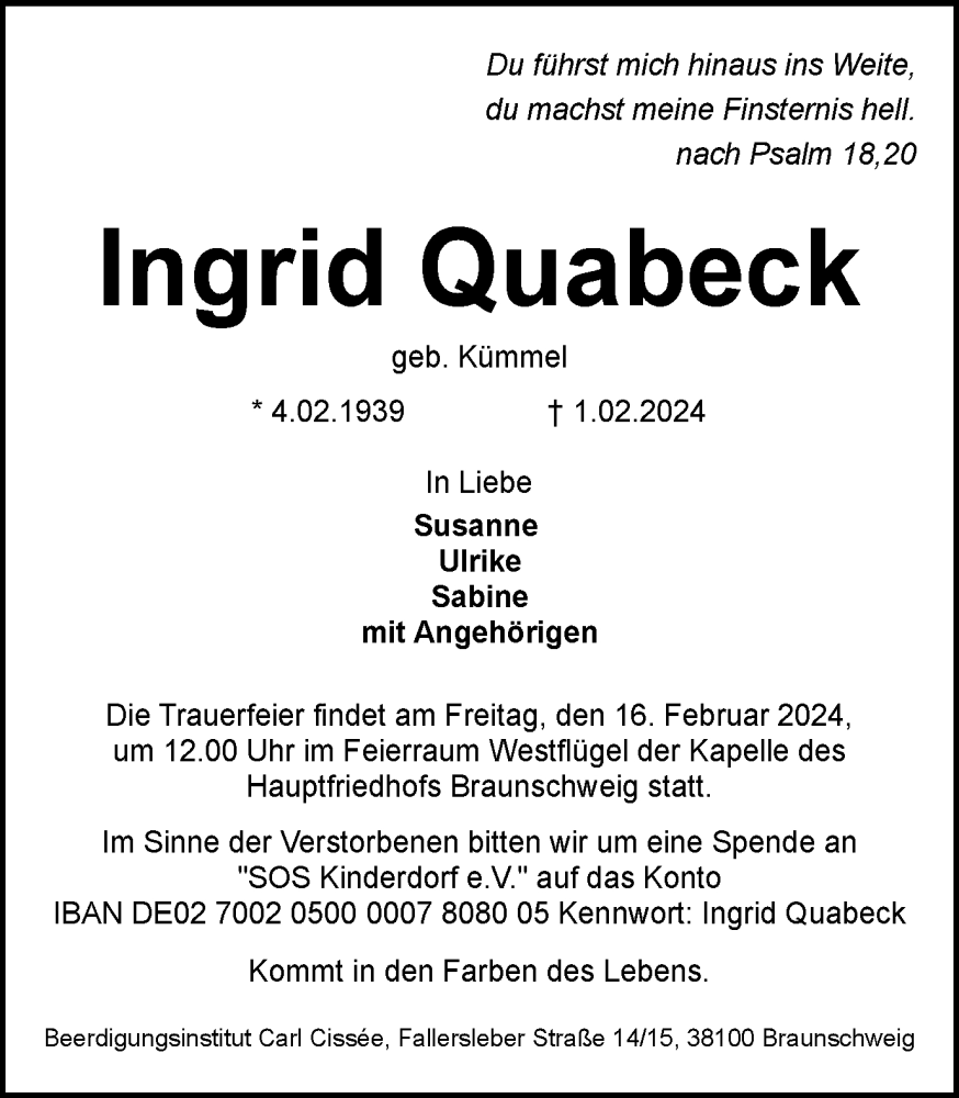  Traueranzeige für Ingrid Quabeck vom 10.02.2024 aus Braunschweiger Zeitung