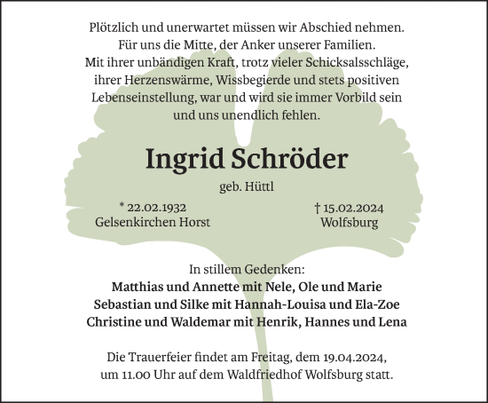 Traueranzeige von Ingrid Schröder von Wolfsburger Nachrichten