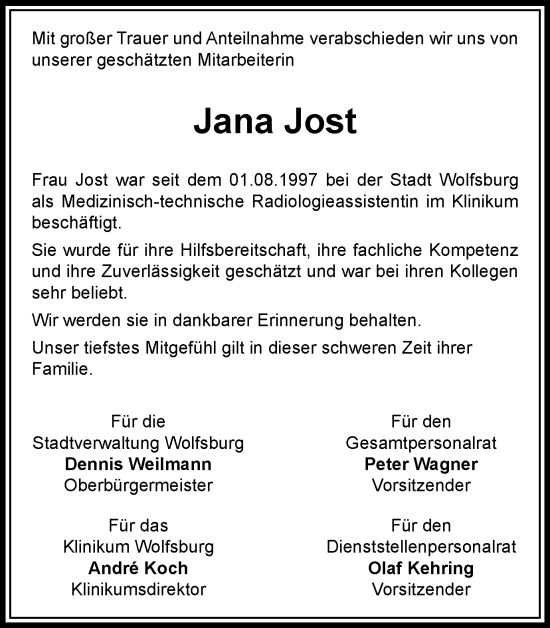 Traueranzeige von Jana Jost von Wolfsburger Nachrichten
