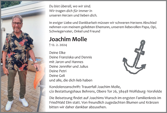 Traueranzeige von Joachim Molle von Wolfsburger Nachrichten