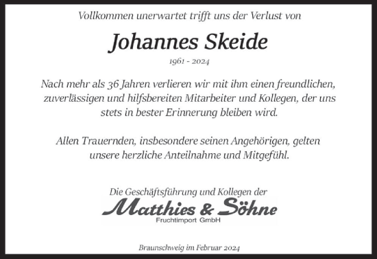 Traueranzeige von Johannes Skeide von Braunschweiger Zeitung, Wolfsburger Nachrichten