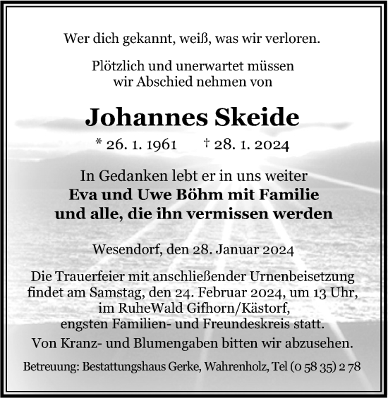 Traueranzeige von Johannes Skeide von Braunschweiger Zeitung