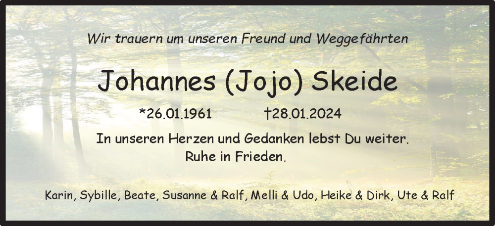  Traueranzeige für Johannes Skeide vom 17.02.2024 aus Braunschweiger Zeitung