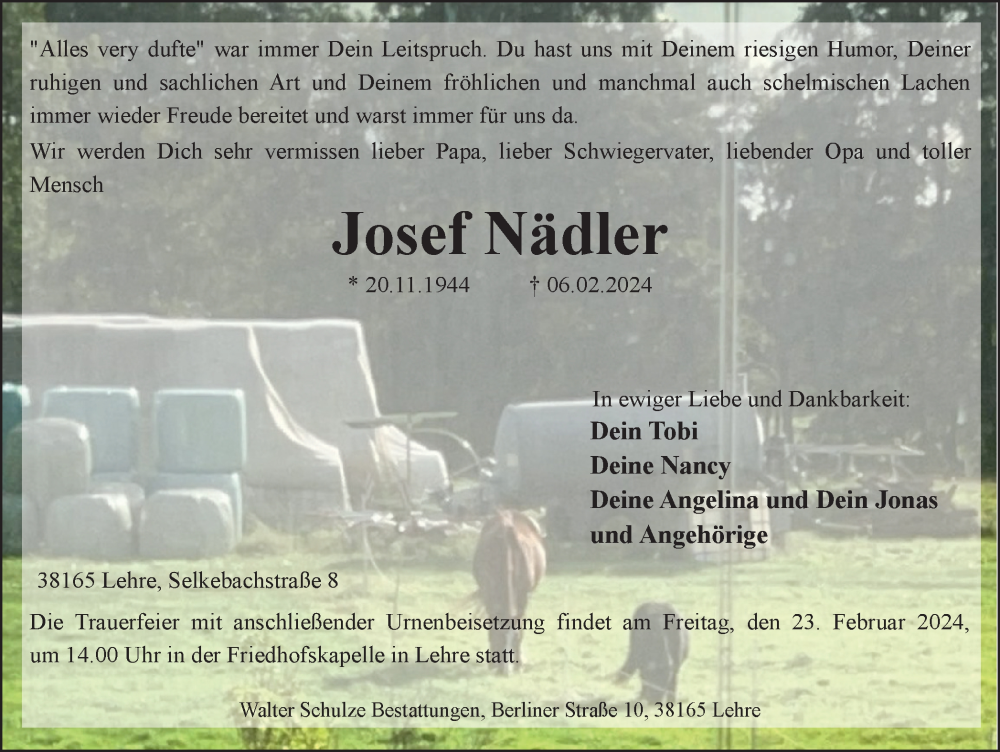  Traueranzeige für Josef Nädler vom 10.02.2024 aus Braunschweiger Zeitung