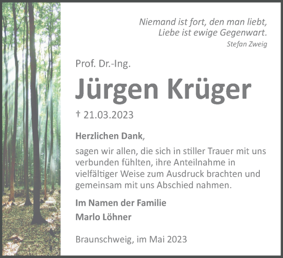 Traueranzeige von Jürgen Krüger von Braunschweiger Zeitung