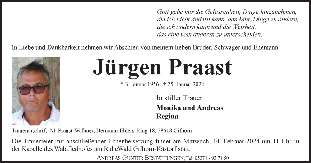  Traueranzeige für Jürgen Praast vom 03.02.2024 aus Wolfsburger Nachrichten