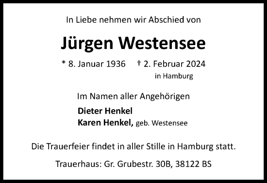 Traueranzeige von Jürgen Westensee von Braunschweiger Zeitung
