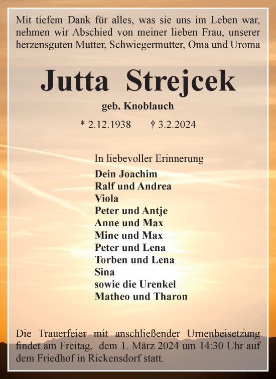 Traueranzeige von Jutta Strejcek von Helmstedter Nachrichten