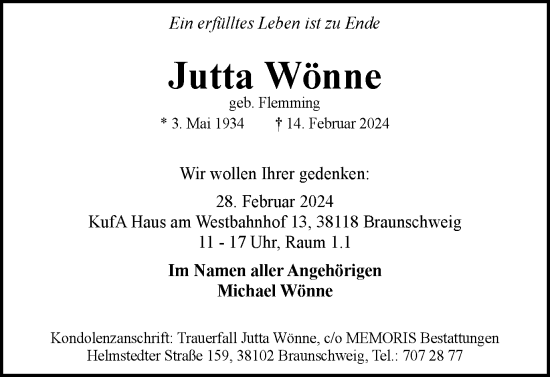 Traueranzeige von Jutta Wönne von Braunschweiger Zeitung