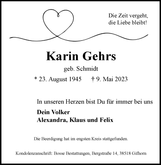 Traueranzeige von Karin Gehrs von Braunschweiger Zeitung