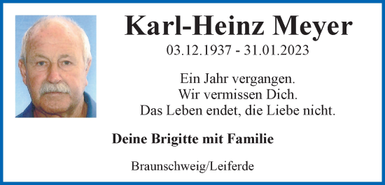 Traueranzeige von Karl-Heinz Meyer von Neue Braunschweiger am Samstag